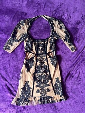 For Love and Lemons Sheer Embroidered Beige and Black Cutout Dress with Lining